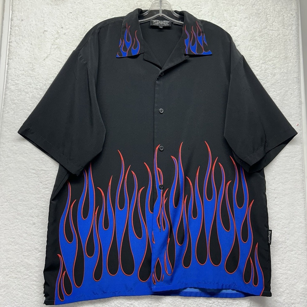 Dragonfly Mens Size XL Black Blue Flames Short Sleeve Button Up Shirt (V1)